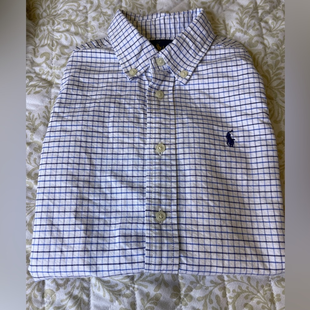 Ralph Lauren Boys’ Size 5 Blue White Check Cotton Button-Down Shirt Pony Logo
